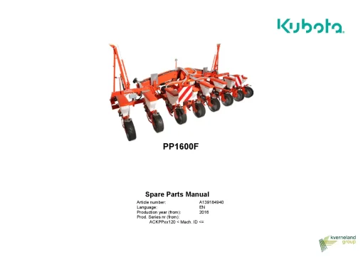 Kubota PP1600F Precision drills Pneumatic 2016 Parts Manual Catalog Pdf Download