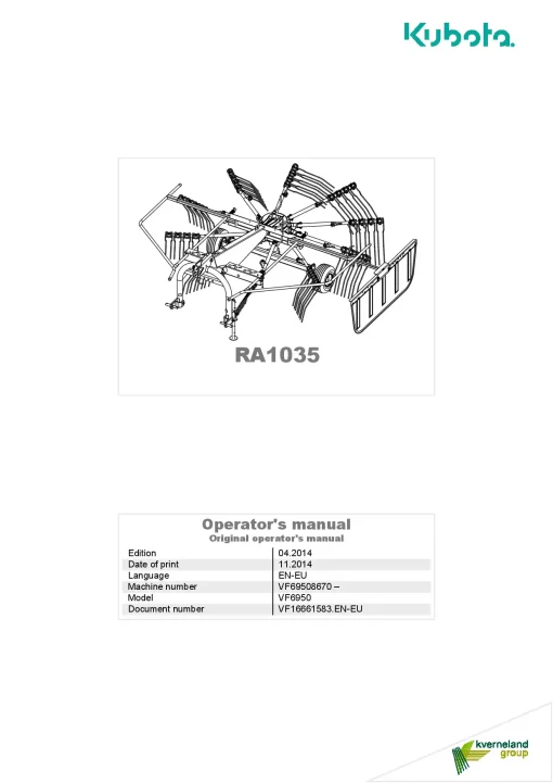 Kubota RA1035 Rakes Single rotor 2014 Operation Maintenance Manual PDF download