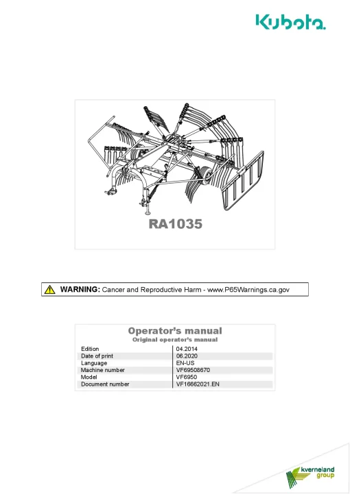 Kubota RA1035 Rakes Single rotor 2020 North America Operation Maintenance Manual PDF download