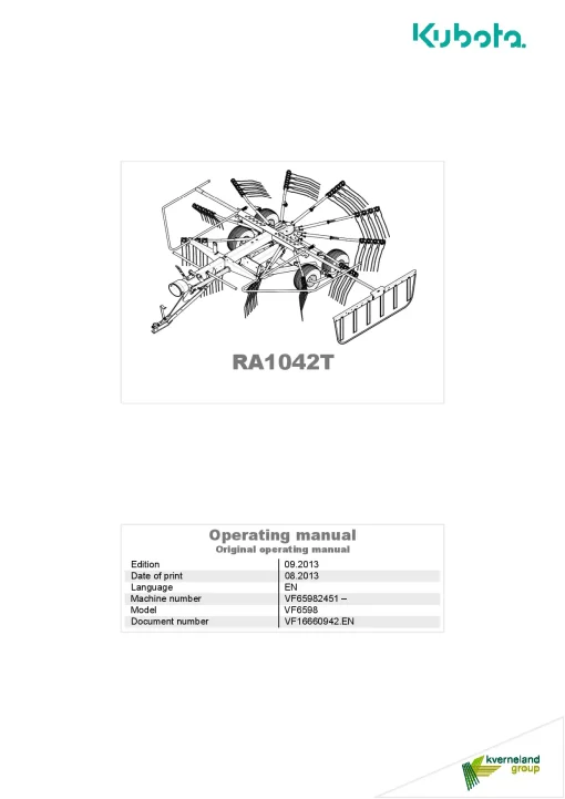 Kubota RA1042T Rakes Single rotor 2013 VF16660942 Operation Maintenance Manual PDF download