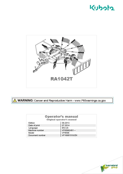 Kubota RA1042T Rakes Single rotor 2013 VF16661519 North America Operation Maintenance Manual PDF download