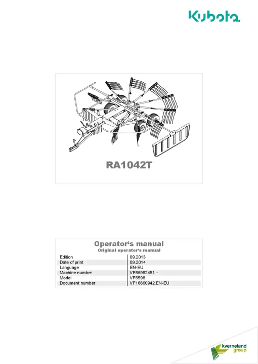 Kubota RA1042T Rakes Single rotor 2014 VF16660942 Operation Maintenance Manual PDF download