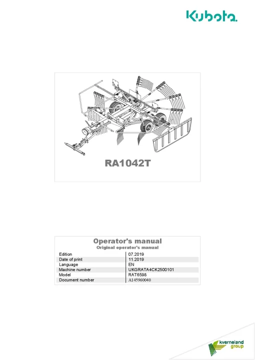 Kubota RA1042T Rakes Single rotor 2019 A145960040 Operation Maintenance Manual PDF download