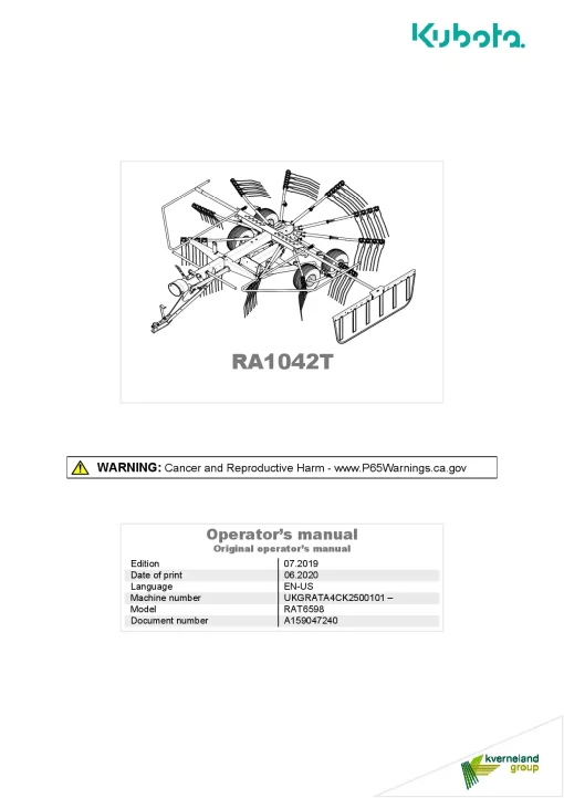 Kubota RA1042T Rakes Single rotor 2019-A159047240 North America Operation Maintenance Manual PDF download