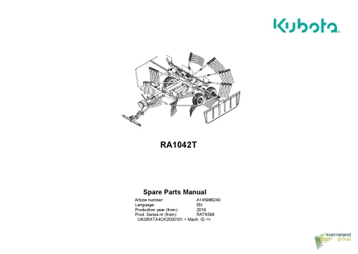 Kubota RA1042T Rakes Single rotor 2019 Parts Manual Catalog Pdf Download
