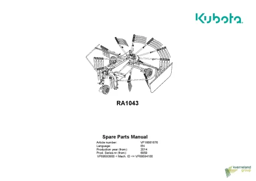 Kubota RA1043 Rakes Single rotor 2014 Parts Manual Catalog Pdf Download