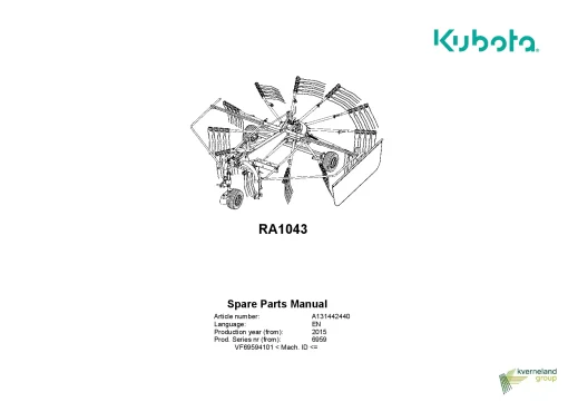 Kubota RA1043 Rakes Single rotor 2019 Parts Manual Catalog Pdf Download