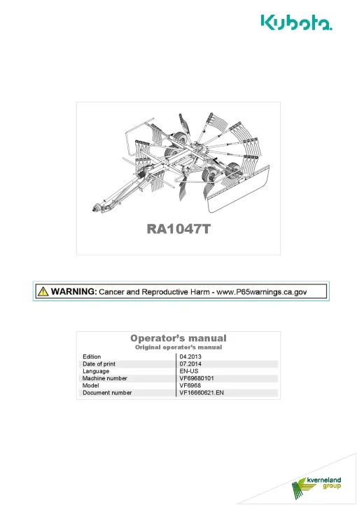 Kubota RA1047T Rakes Single rotor 2014 North America Operation Maintenance Manual PDF download