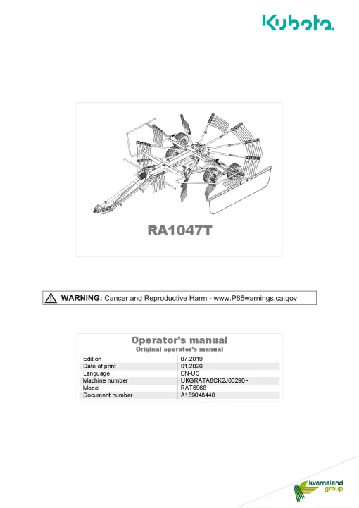 Kubota RA1047T Rakes Single rotor 2020 North America Operation Maintenance Manual PDF download