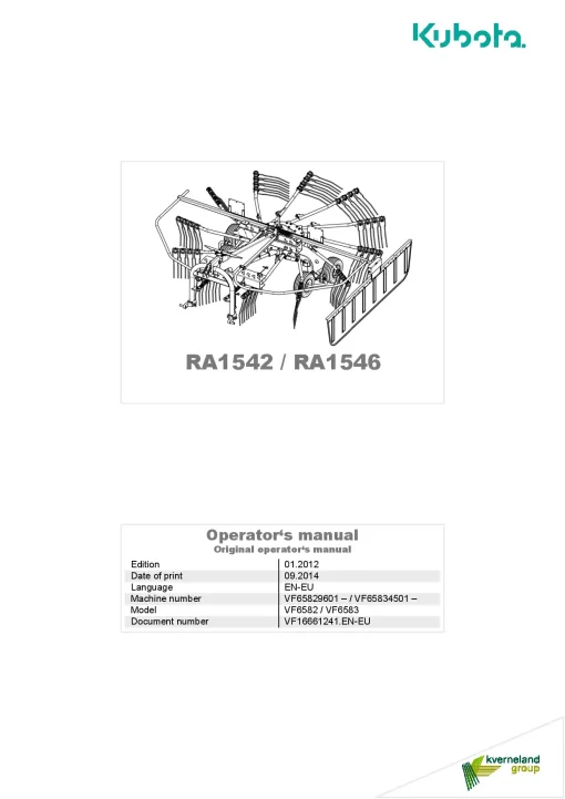 Kubota RA1542 RA1546 Rakes Single rotor 2014 Operation Maintenance Manual PDF download