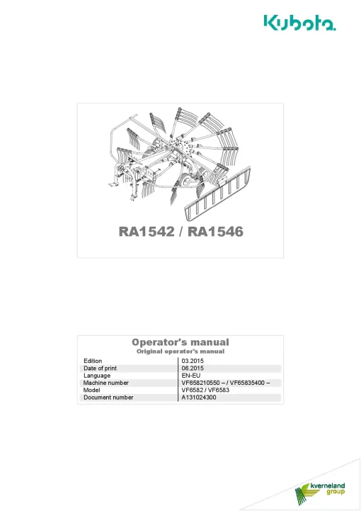 Kubota RA1542 RA1546 Rakes Single rotor 2015 Operation Maintenance Manual PDF download