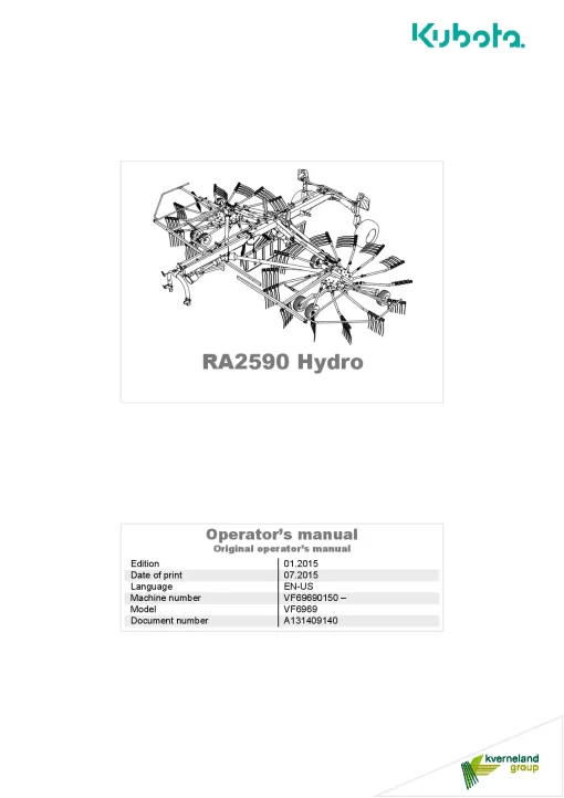 Kubota RA20590 Hydro Rakes Multi rotors Centre swath 2015 Operation Maintenance Manual PDF download
