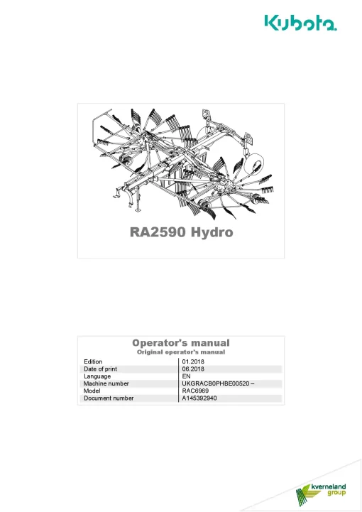 Kubota RA20590 Hydro Rakes Multi rotors Centre swath 2017 Operation Maintenance Manual PDF download