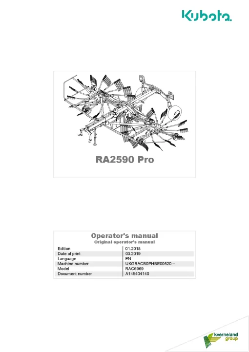 Kubota RA20590 Pro Rakes Multi rotors Centre swath 2018 Operation Maintenance Manual PDF download