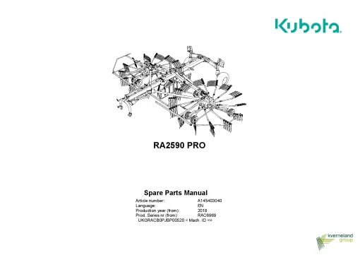 Kubota RA20590 Pro Rakes Multi rotors Centre swath 2021 Parts Manual Catalog Pdf Download