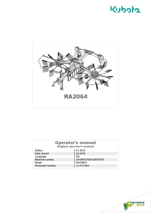 Kubota RA2064 Rakes Multi rotors Centre swath 2018 Operation Maintenance Manual PDF download