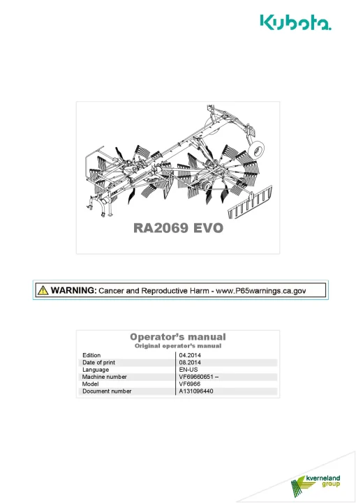 Kubota RA2069 EVO Rakes Multi rotors Side delivery 2014 North America Operation Maintenance Manual PDF download