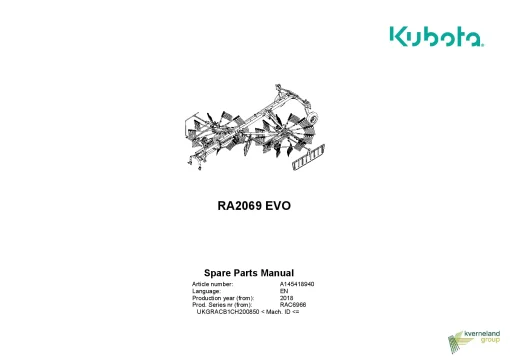 Kubota RA2069 EVO Rakes Multi rotors Side delivery 2018 Parts Manual Catalog Pdf Download