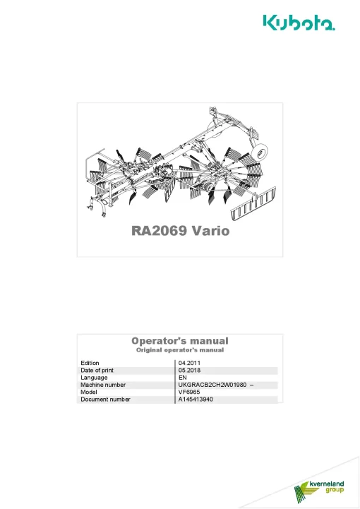 Kubota RA2069 Vario Rakes Multi rotors Side delivery 2018 Operation Maintenance Manual PDF download