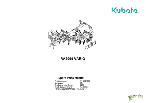 Kubota RA2069 Vario Rakes Multi rotors Side delivery 2018 Parts Manual Catalog Pdf Download
