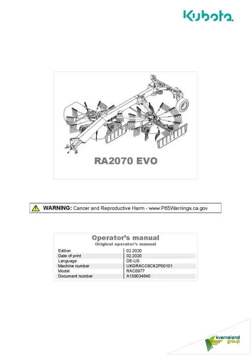 Kubota RA2070 Evo Rakes Multi rotors Side delivery 2020 North America Operation Maintenance Manual PDF download