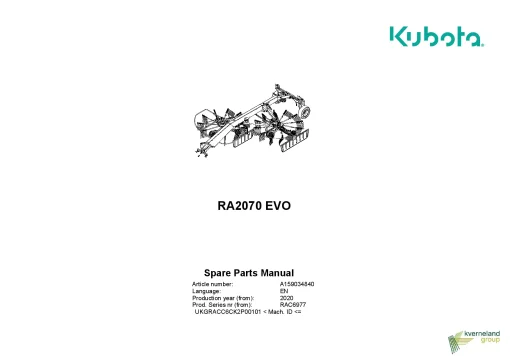 Kubota RA2070 Evo Rakes Multi rotors Side delivery 2020 Parts Manual Catalog Pdf Download