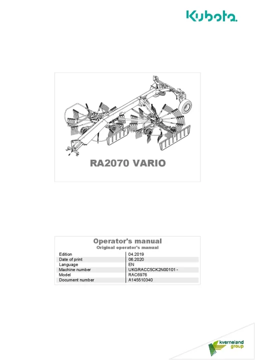 Kubota RA2070 Vario Rakes Multi rotors Side delivery 2020 Operation Maintenance Manual PDF download