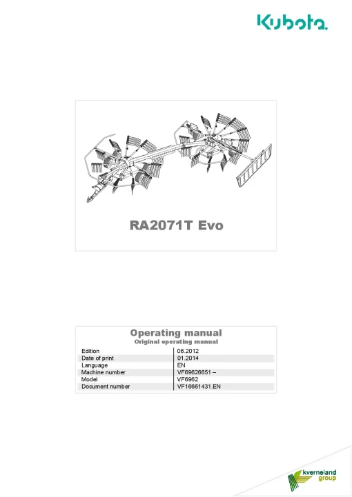 Kubota RA2071T EVO Rakes Multi rotors Side delivery 2012 Operation Maintenance Manual PDF download