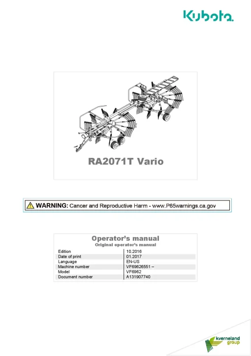 Kubota RA2071T EVO Rakes Multi rotors Side delivery 2016 North America Operation Maintenance Manual PDF download