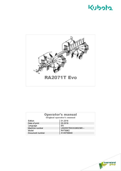 Kubota RA2071T EVO Rakes Multi rotors Side delivery 2017 Operation Maintenance Manual PDF download