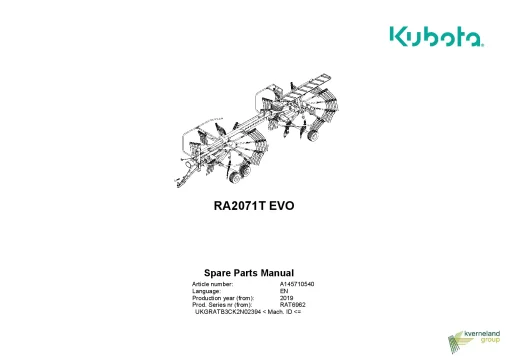 Kubota RA2071T EVO Rakes Multi rotors Side delivery 2019 Parts Manual Catalog Pdf Download