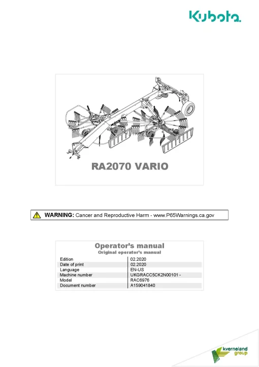 Kubota RA2071T EVO Rakes Multi rotors Side delivery 2020 Operation Maintenance Manual PDF download