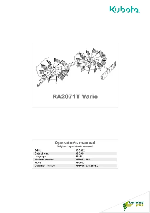 Kubota RA2071T VARIO Rakes Multi rotors Side delivery 2014 Operation Maintenance Manual PDF download