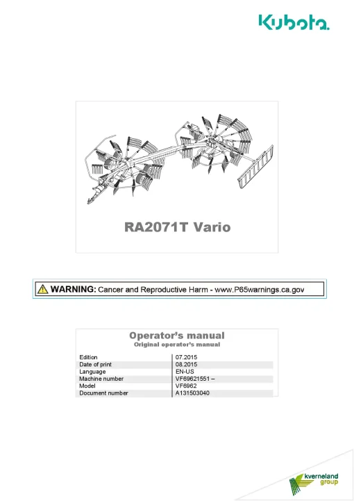 Kubota RA2071T VARIO Rakes Multi rotors Side delivery 2015 North America Operation Maintenance Manual PDF download