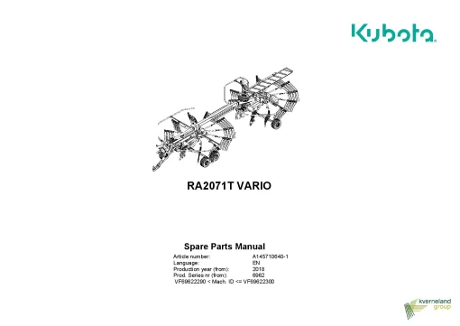 Kubota RA2071T VARIO Rakes Multi rotors Side delivery 2018 Parts Manual Catalog Pdf Download