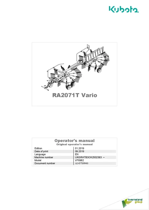 Kubota RA2071T VARIO Rakes Multi rotors Side delivery 2019 Operation Maintenance Manual PDF download