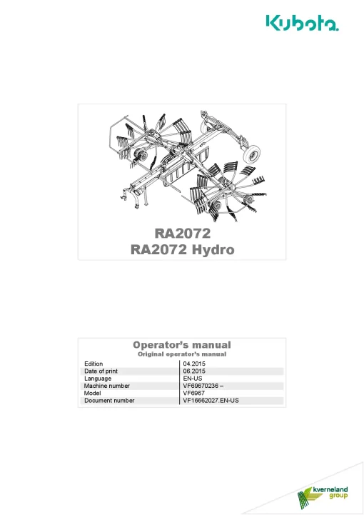 Kubota RA2072 Hydro Rakes Multi rotors Centre swath 2015 Operation Maintenance Manual PDF download