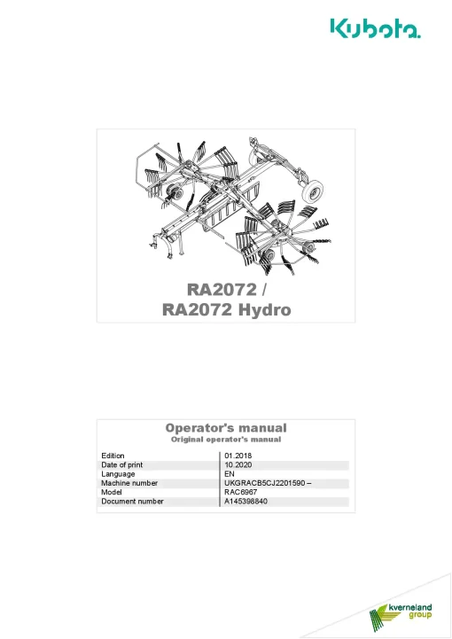 Kubota RA2072 Hydro Rakes Multi rotors Centre swath 2018 Operation Maintenance Manual PDF download