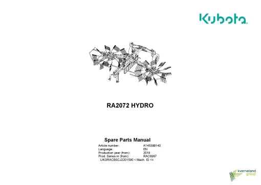 Kubota RA2072-Hydro Rakes Multi rotors Centre swath 2018 Parts Manual Catalog Pdf Download