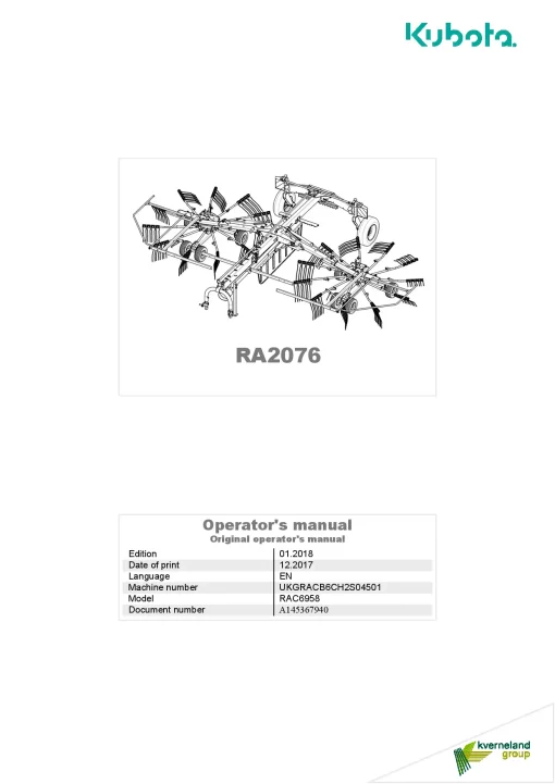 Kubota RA2076 Rakes Multi rotors Centre swath 2017 Operation Maintenance Manual PDF download