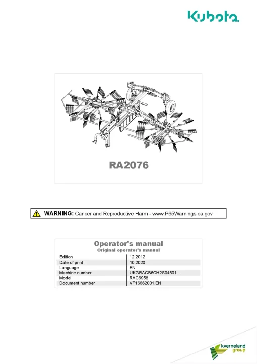 Kubota RA2076 Rakes Multi rotors Centre swath 2020 North America Operation Maintenance Manual PDF download