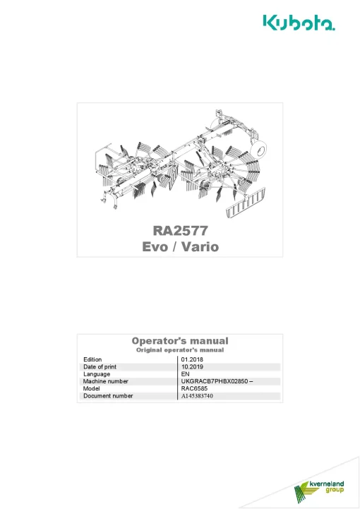 Kubota RA2577 EVO VARIO Rakes Multi rotors Side delivery 2018 Operation Maintenance Manual PDF download