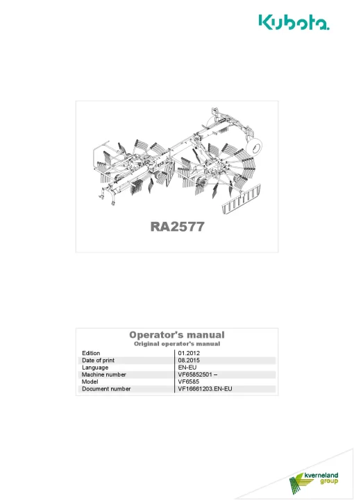 Kubota RA2577 Rakes Multi rotors Side delivery 2015 Operation Maintenance Manual PDF download