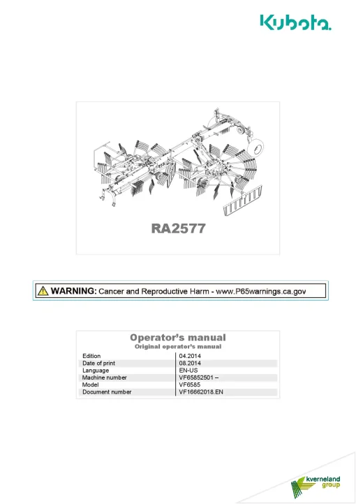 Kubota RA2577 Rakes Multi rotors Side delivery 2018 Operation Maintenance Manual PDF download
