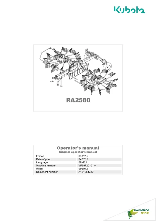 Kubota RA2580 Rakes Multi rotors Centre swath 2015 Operation Maintenance Manual PDF download