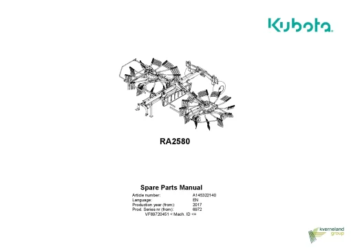 Kubota RA2580 Rakes Multi rotors Centre swath 2017 Parts Manual Catalog Pdf Download