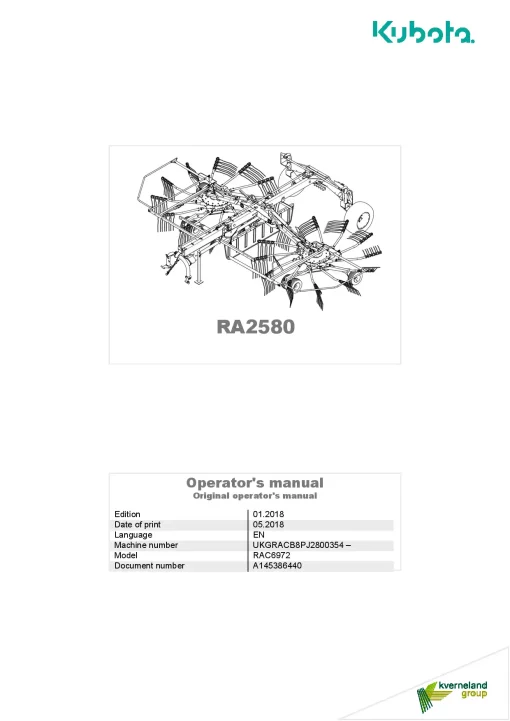 Kubota RA2580 Rakes Multi rotors Centre swath 2018 North America Operation Maintenance Manual PDF download