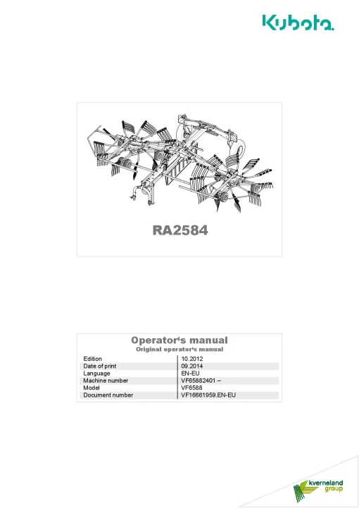 Kubota RA2584 Rakes Multi rotors Centre swath 2014 Operation Maintenance Manual PDF download