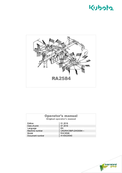 Kubota RA2584 Rakes Multi rotors Centre swath 2018 Operation Maintenance Manual PDF download
