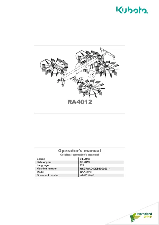 Kubota RA4012 Rakes 4 rotors 2019 Operation Maintenance Manual PDF download